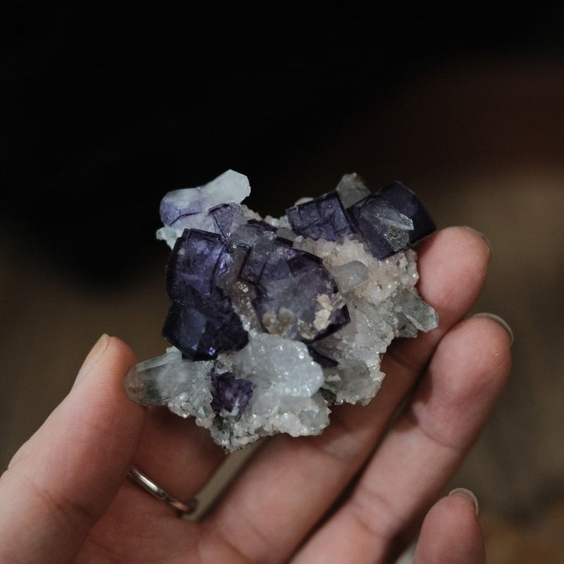 O2 Purple Fluorite Cube on Calcite